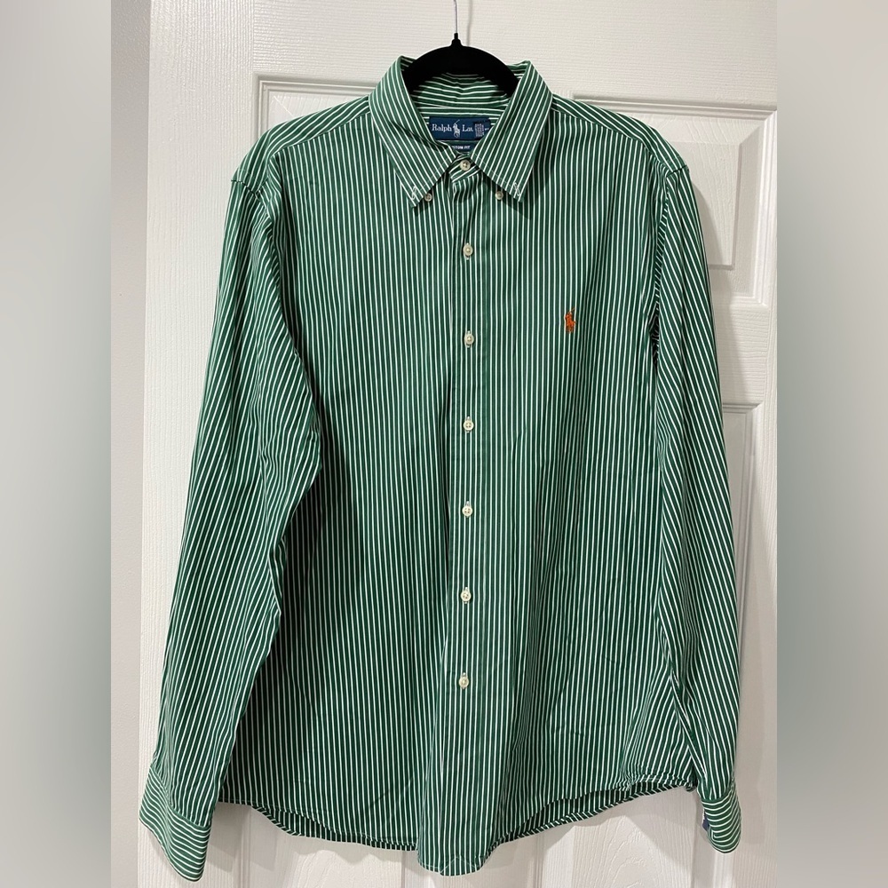 NOT FOR SALE! 
Ralph Lauren Men's Green and White Striped Shirt
